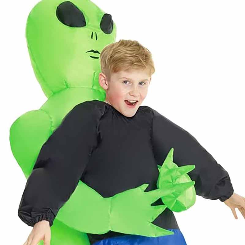 Green ghost hugs people and rides alien inflatable suit