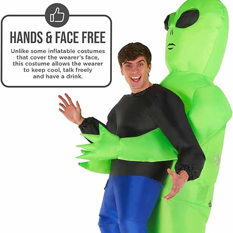 Green ghost hugs people and rides alien inflatable suit