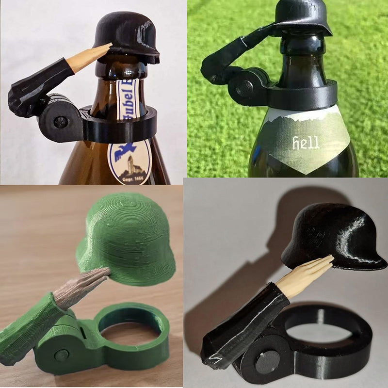 Soldier saluting beer bottle helmet