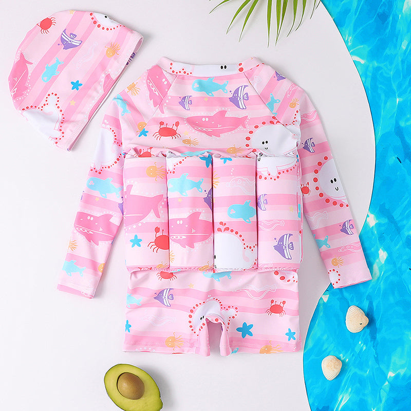 Cartoon floating swimsuit and matching swim cap
