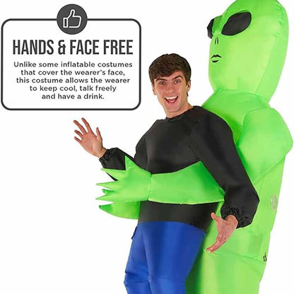 Green ghost hugs people and rides alien inflatable suit