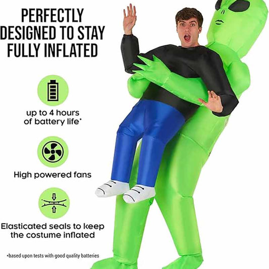 Green ghost hugs people and rides alien inflatable suit