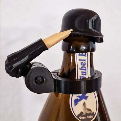Soldier saluting beer bottle helmet