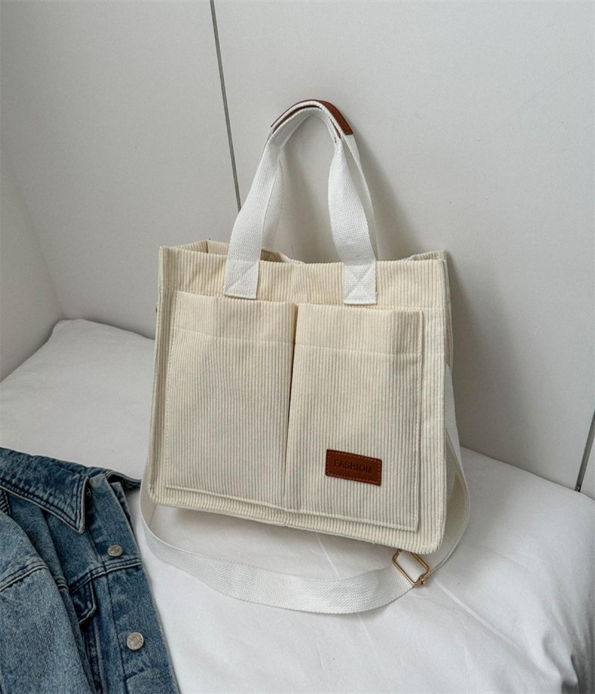 Women Work Tote With Multi-pocket Corduroy Everything Tote Bag Large Capacity College Handbag Casual Crossbody Shoulder Bag