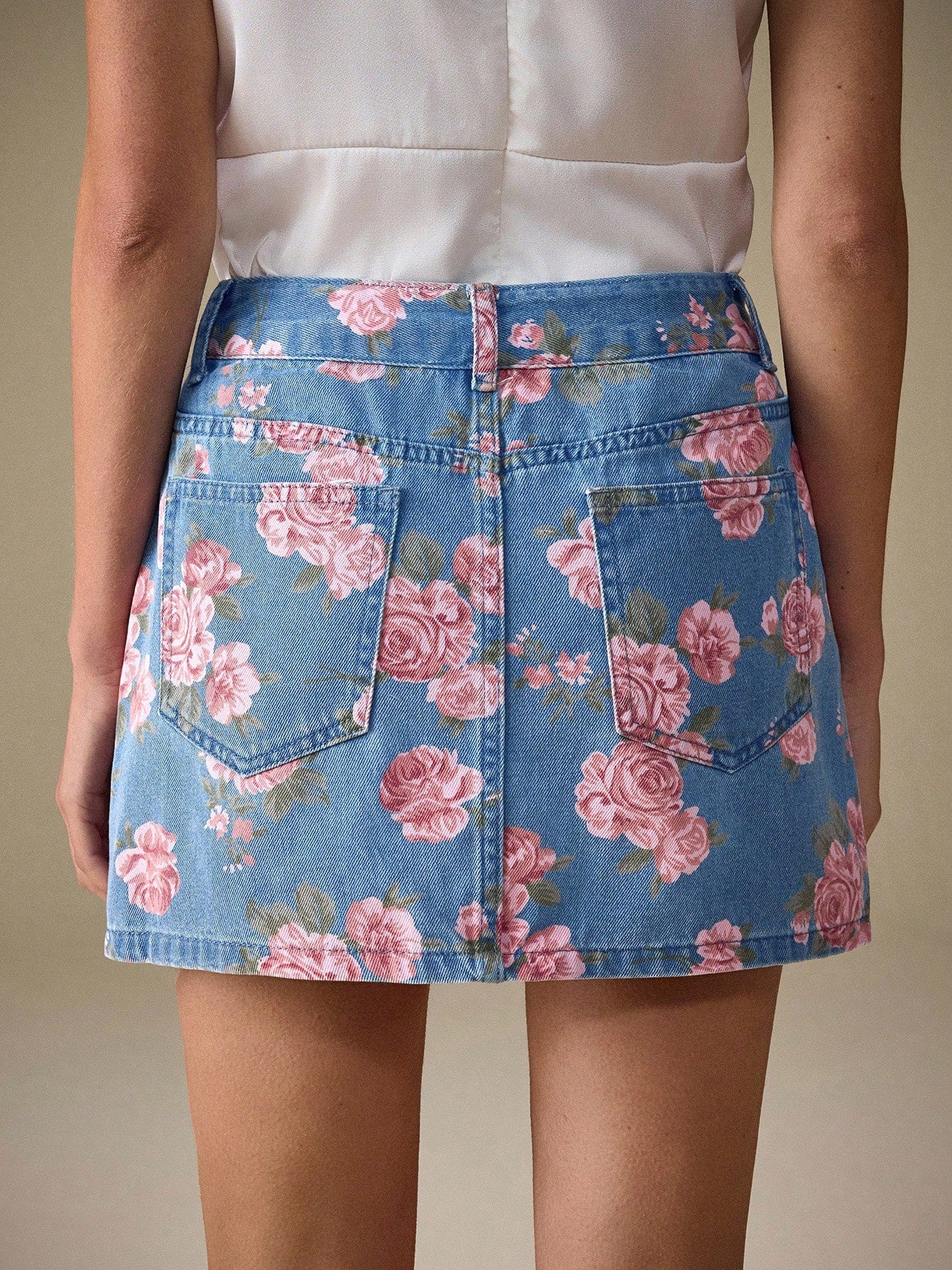 Rose print denim mini skirt