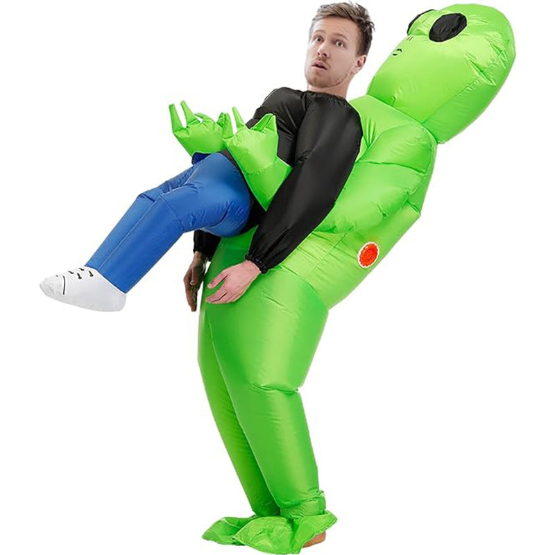 Green ghost hugs people and rides alien inflatable suit