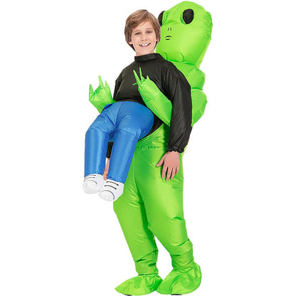 Green ghost hugs people and rides alien inflatable suit