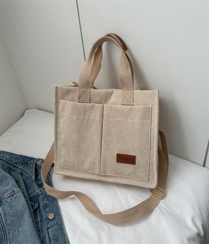 Women Work Tote With Multi-pocket Corduroy Everything Tote Bag Large Capacity College Handbag Casual Crossbody Shoulder Bag