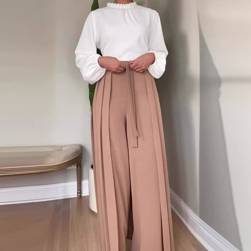 Solid color wide-leg lace-up pleated trousers