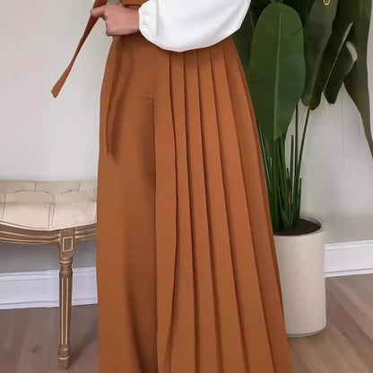 Solid color wide-leg lace-up pleated trousers