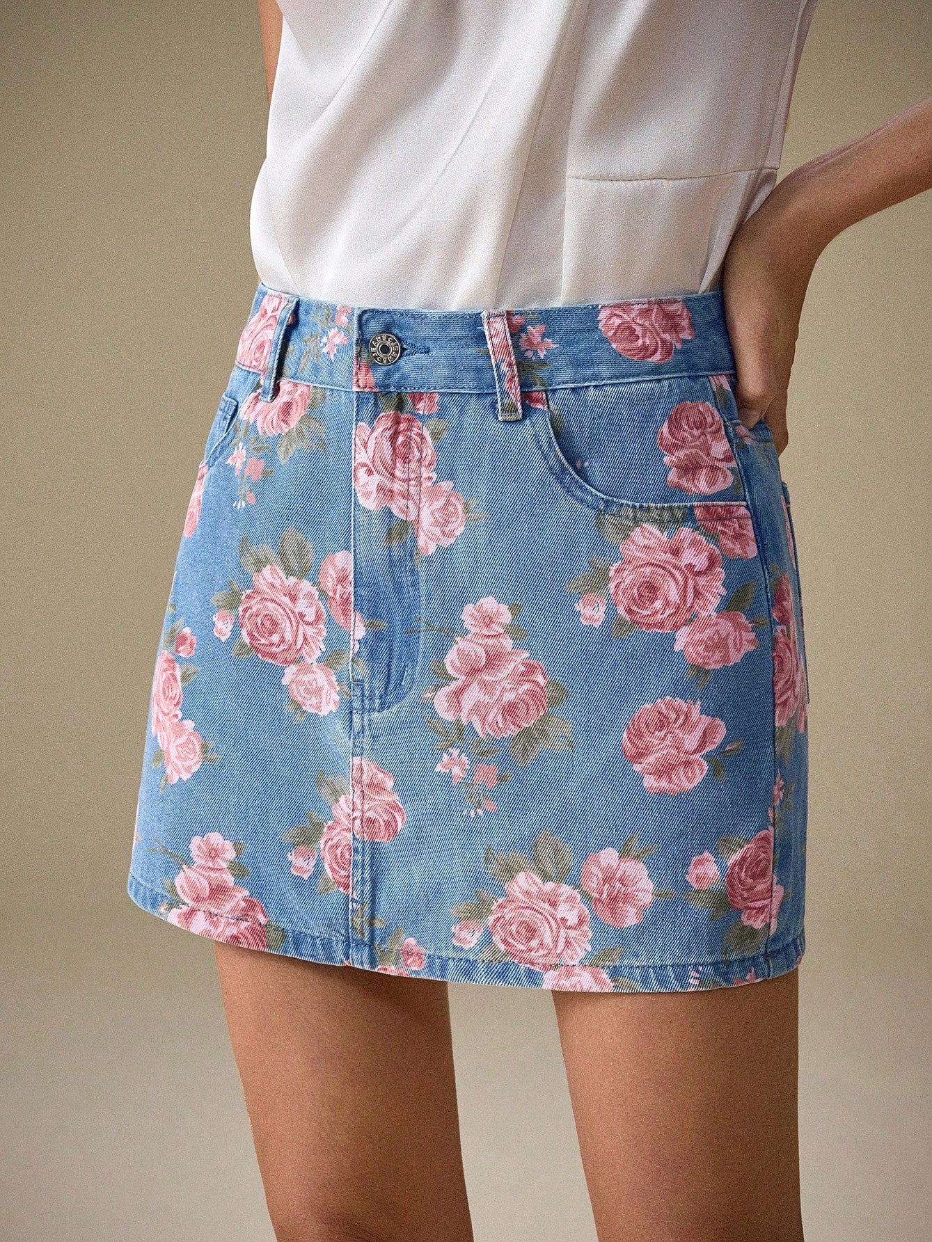 Rose print denim mini skirt