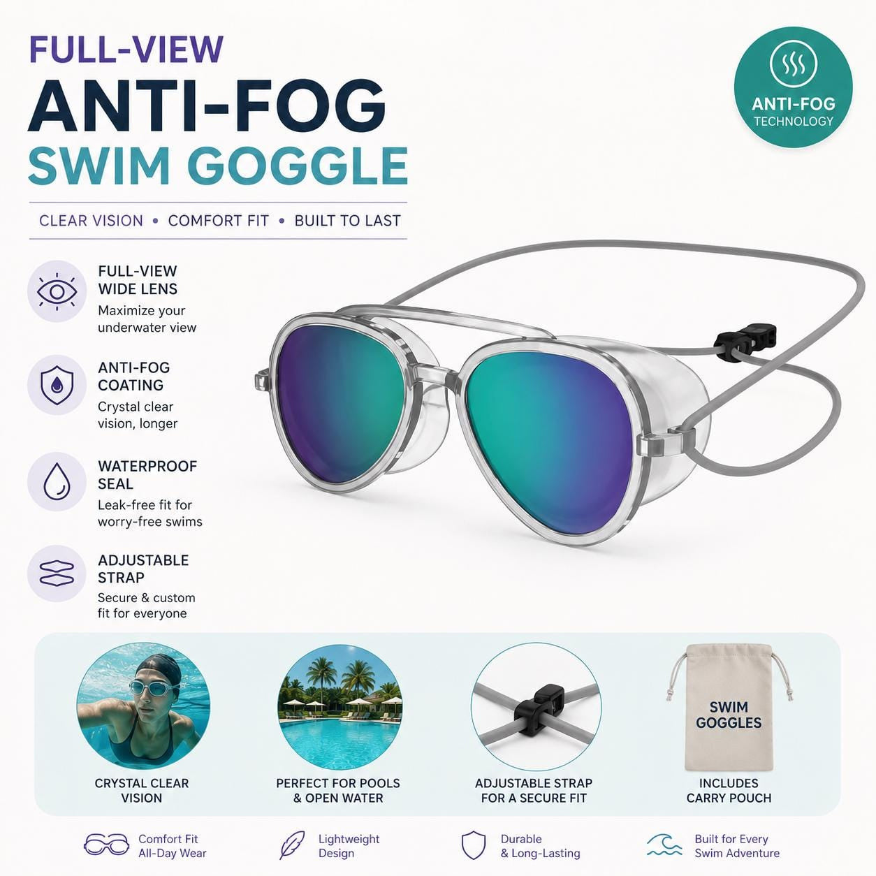 Wide Lens Anti Fog Leakproof Swimming Goggles
