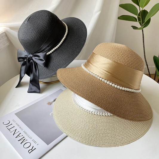 French elegant silk bow and pearl straw hat